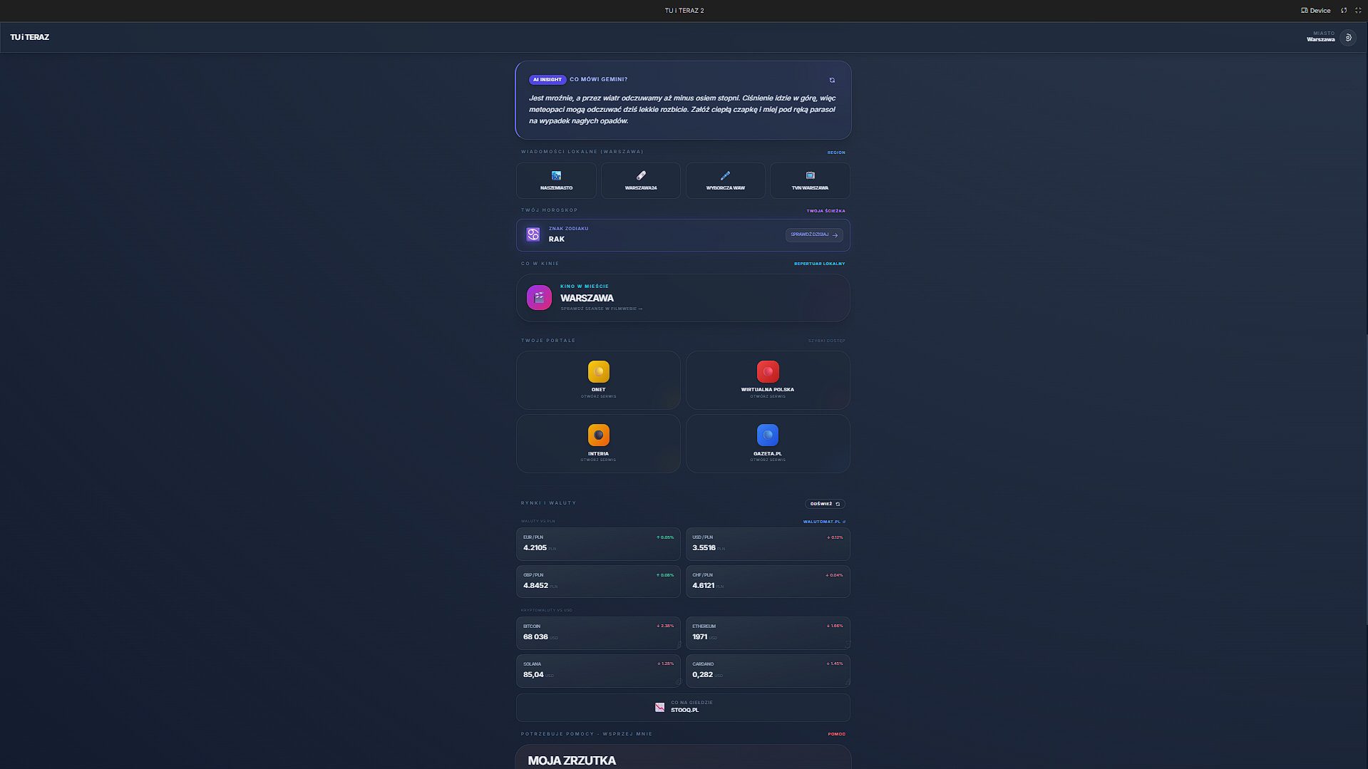 Widok portali i walut